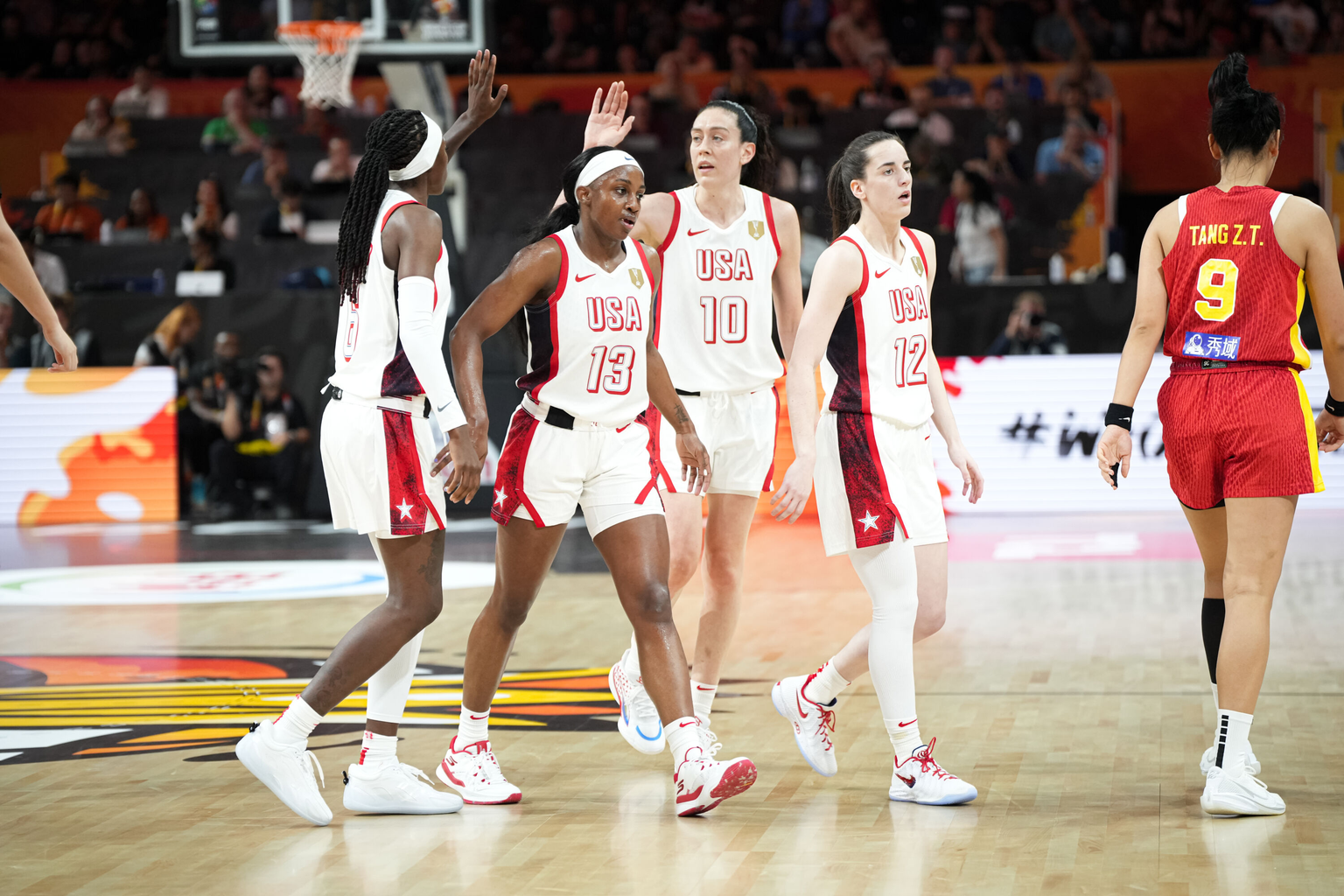 Caitlin Clark #12 of USA on the floor vs China at FIBA Women's World Cup, USA Basketball